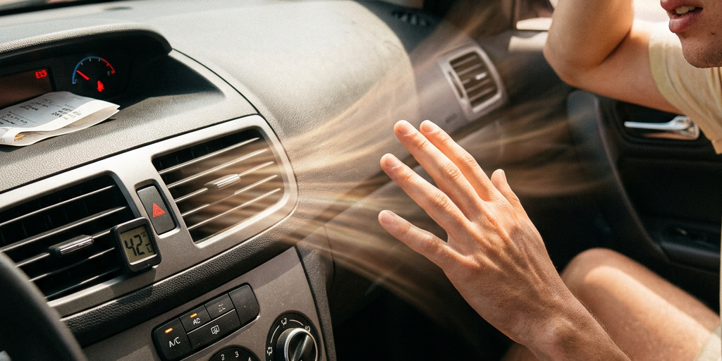 Man inside car feeling hot as warm air blows from the air conditioning vent showing 42 degrees Celsius