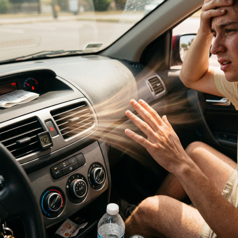 Man inside car feeling hot as warm air blows from the air conditioning vent showing 42 degrees Celsius